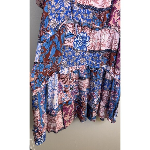 ANTHROPOLOGIE Robin Mini Dress Women XL Blue Pink Florals Tiered SS Boho Chic - Picture 9 of 12